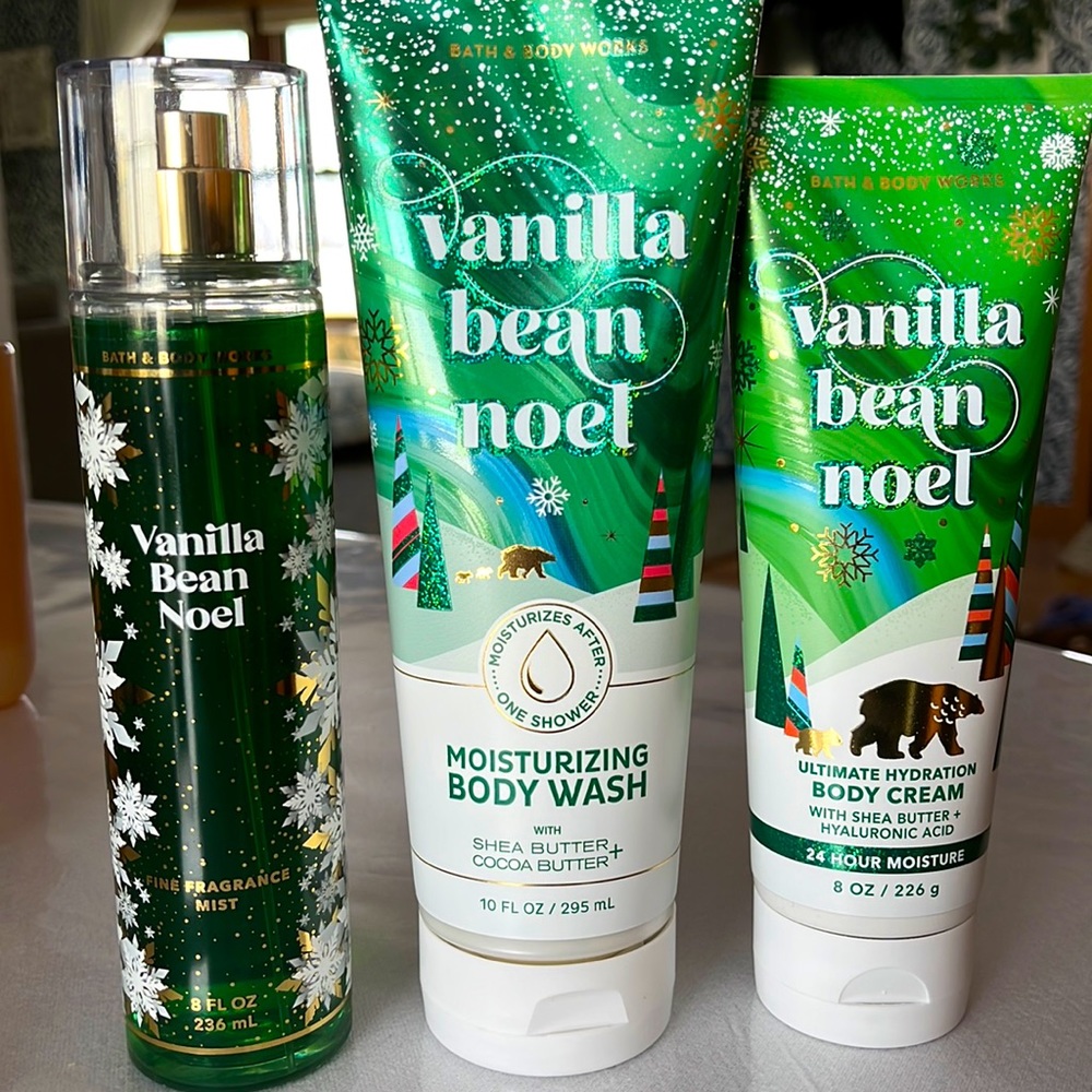 Bath and Bodyworks, vanilla bean, Noel, fragrance mist, body wash, body cream